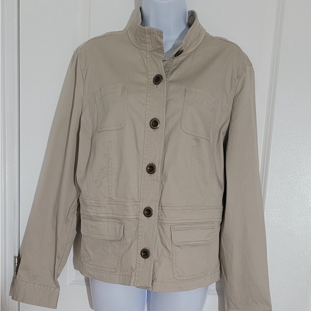 EARTHY KHAKI CASUAL COAT PETITE CAN BE WORN FOR ANY OCASION CHARTER CLUB SZ L
